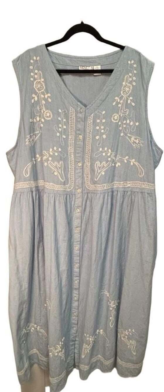 VINTAGE Venezia Blue Sleeveless Embroidered Button-Front Midi Dress 4XL